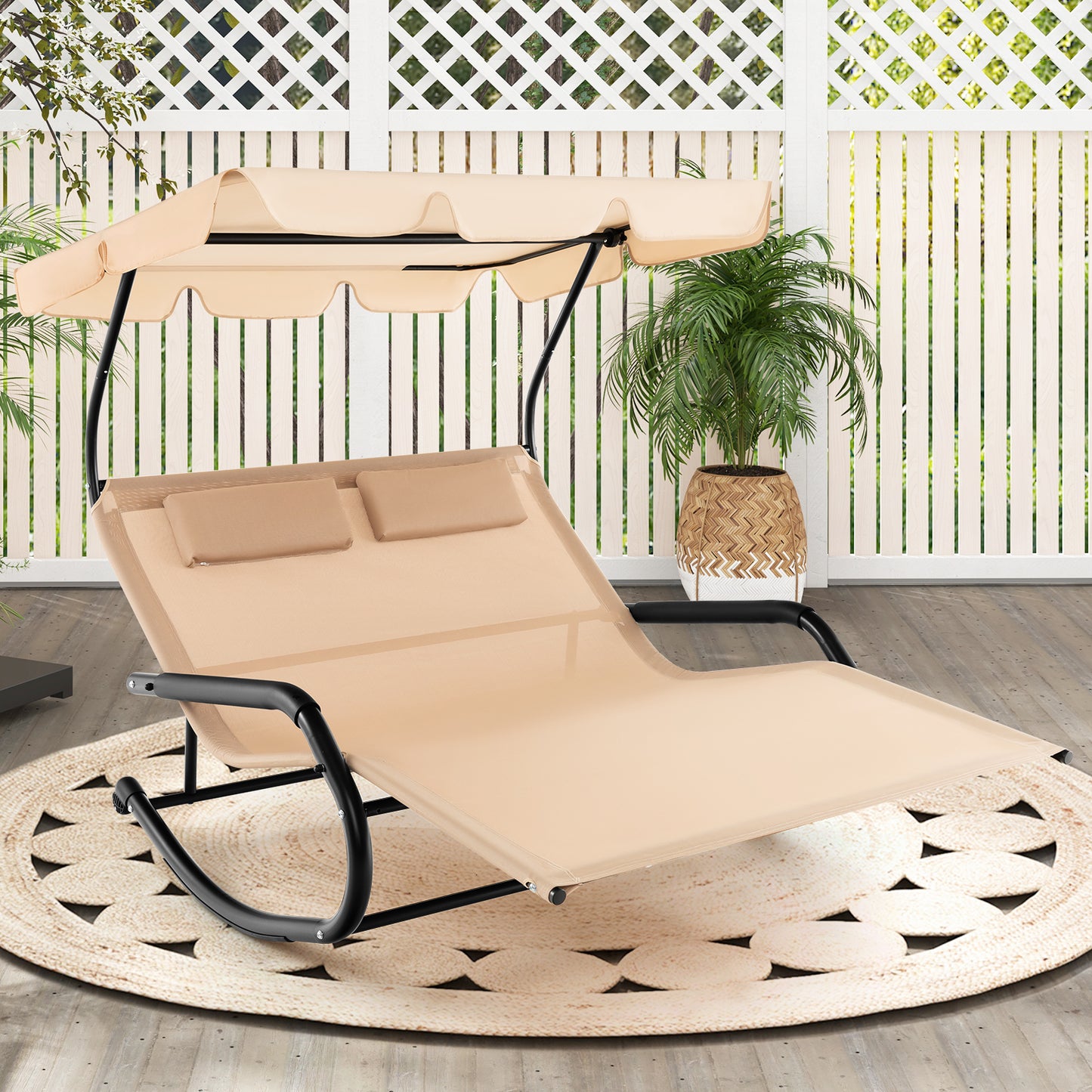 2-Person Rocking Chaise Lounge with Canopy and Wheels