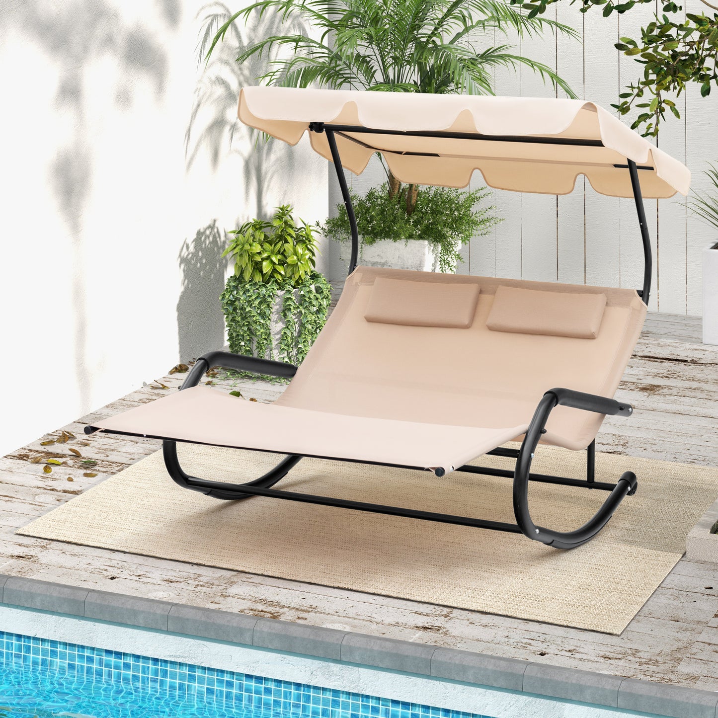 2-Person Rocking Chaise Lounge with Canopy and Wheels