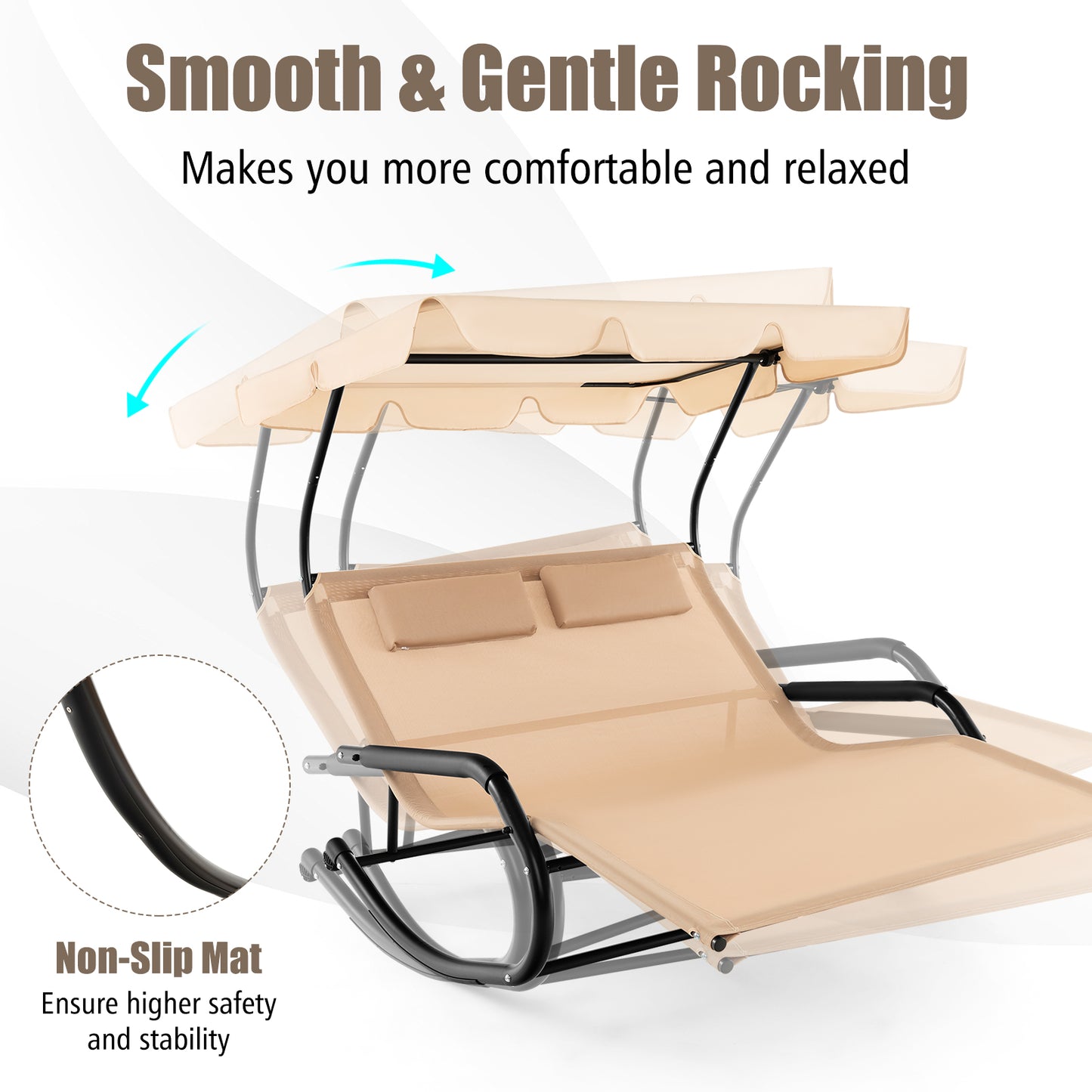 2-Person Rocking Chaise Lounge with Canopy and Wheels