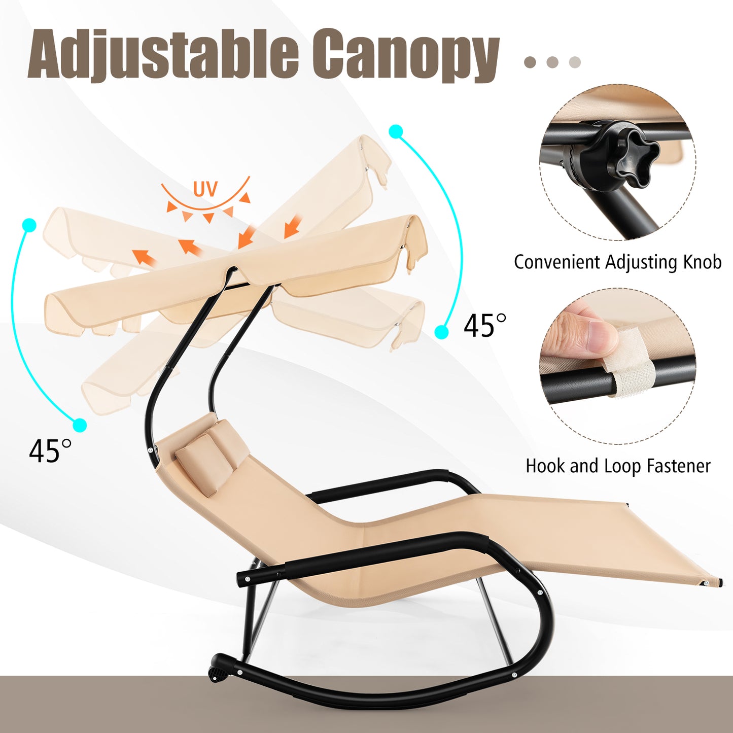 2-Person Rocking Chaise Lounge with Canopy and Wheels