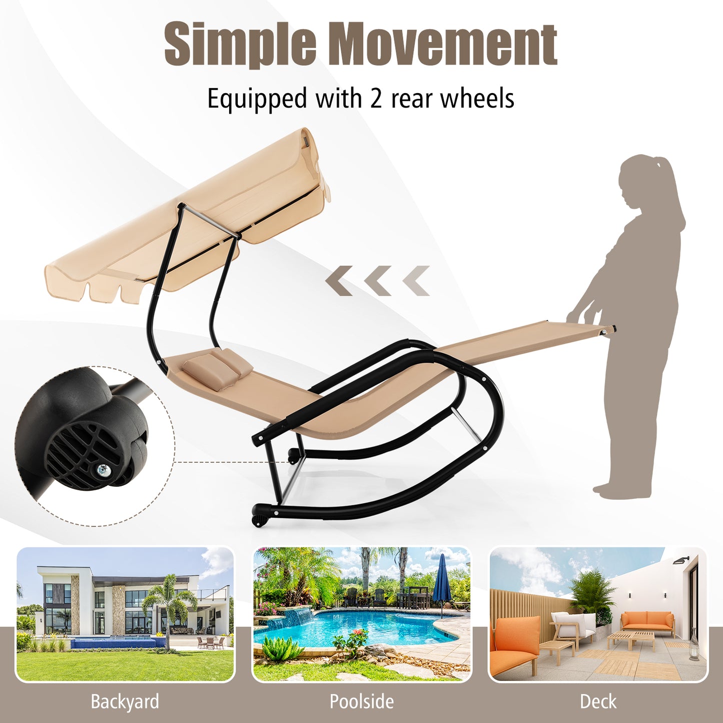2-Person Rocking Chaise Lounge with Canopy and Wheels