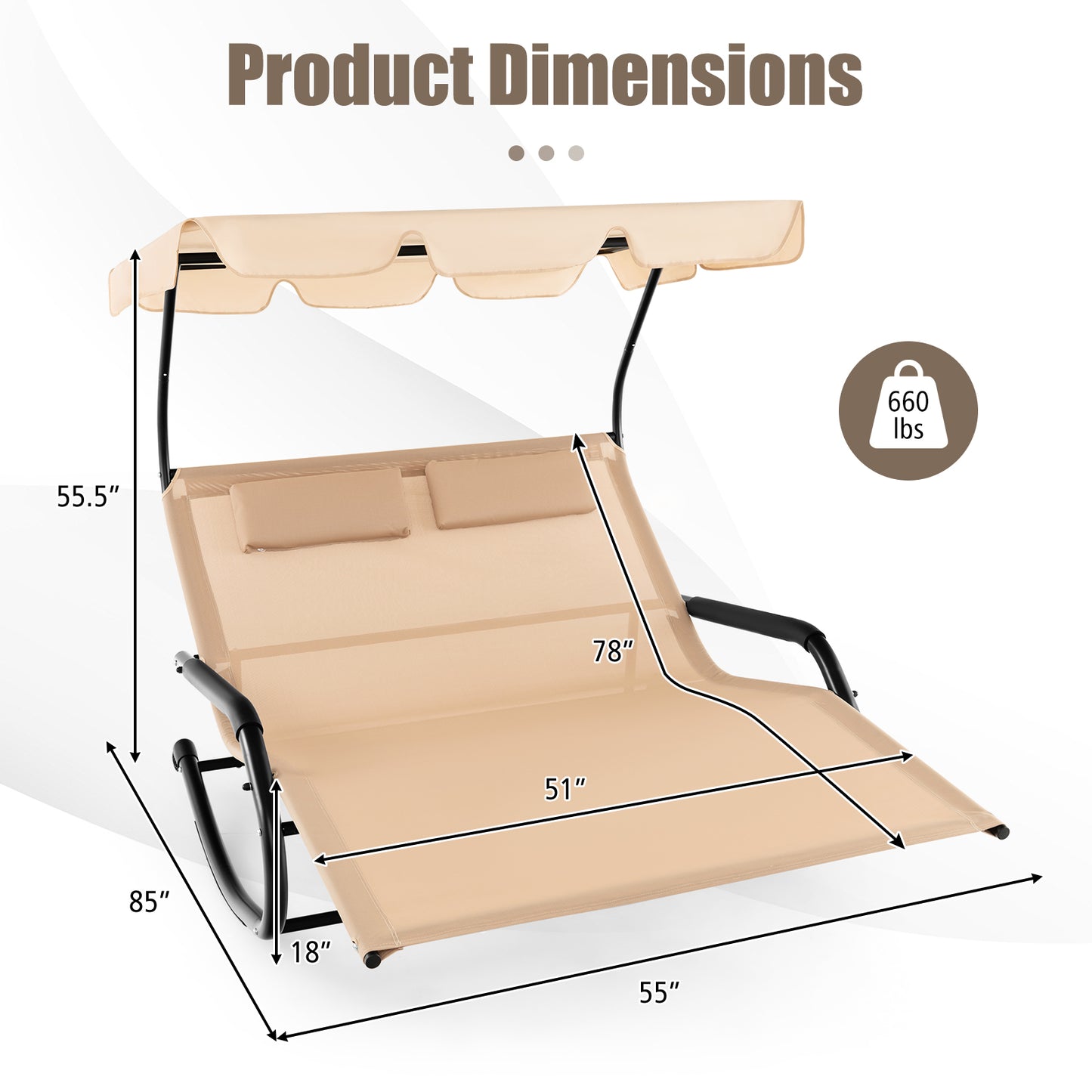 2-Person Rocking Chaise Lounge with Canopy and Wheels