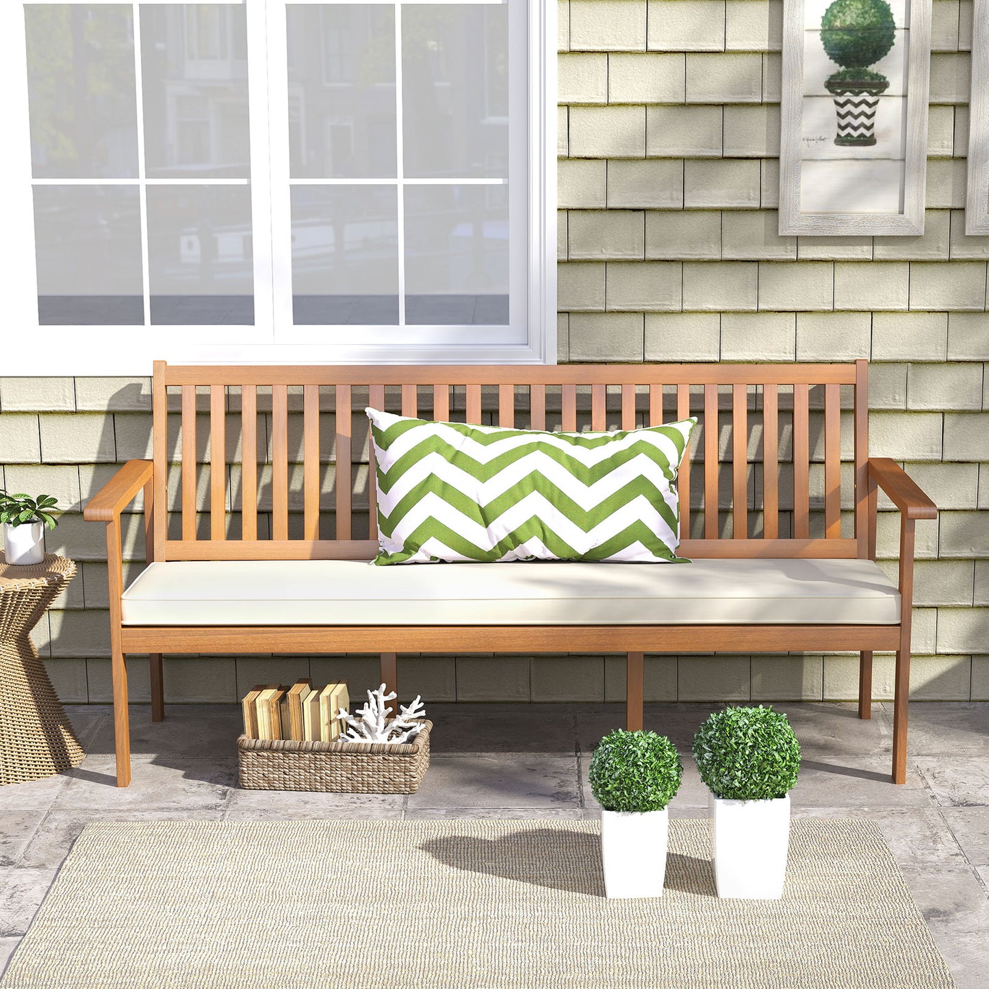 3-Seat Acacia Wood Outdoor Bench with Cushion