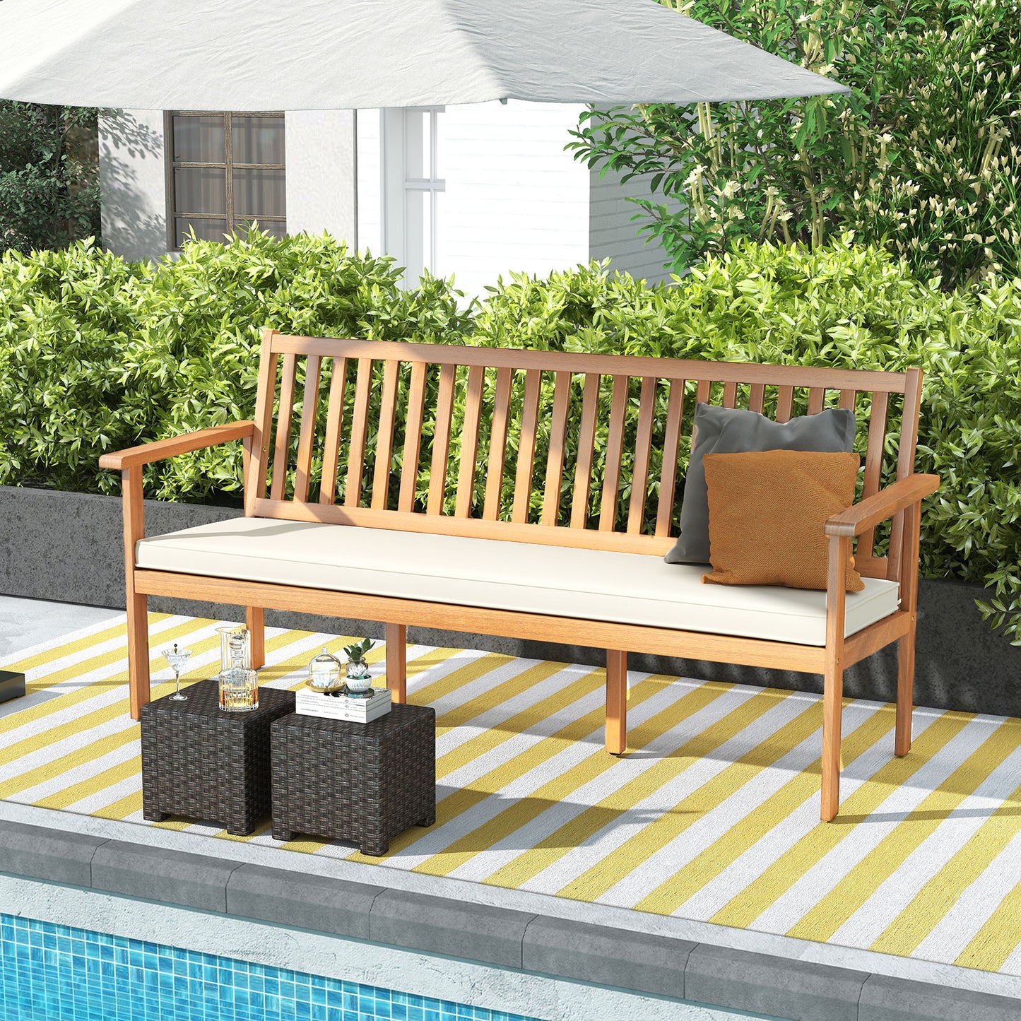 3-Seat Acacia Wood Outdoor Bench with Cushion