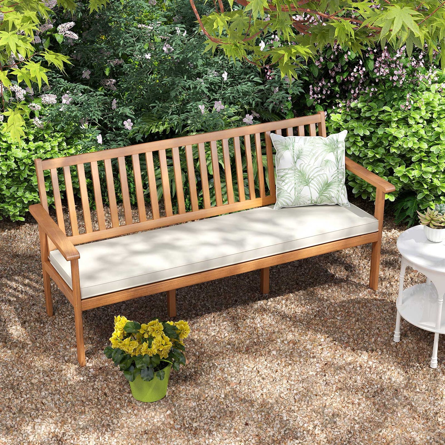 3-Seat Acacia Wood Outdoor Bench with Cushion