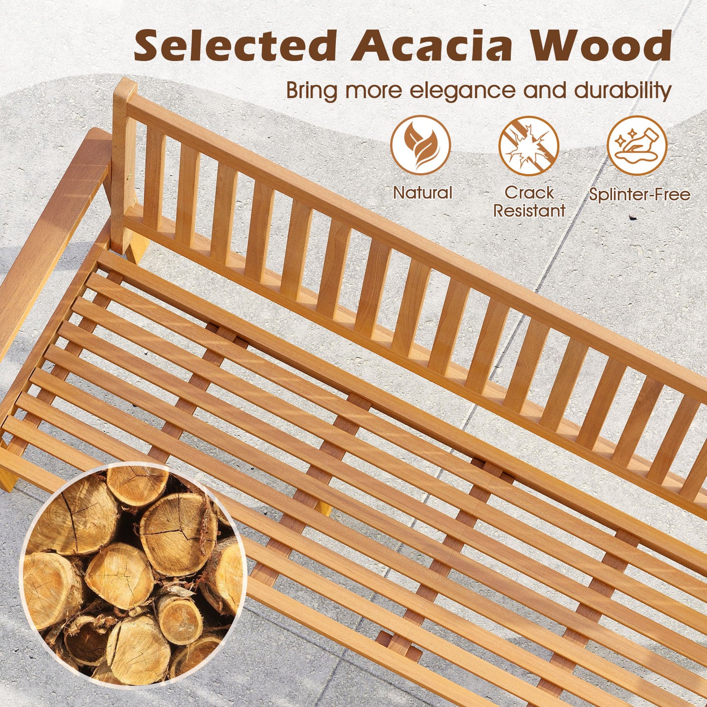 3-Seat Acacia Wood Outdoor Bench with Cushion