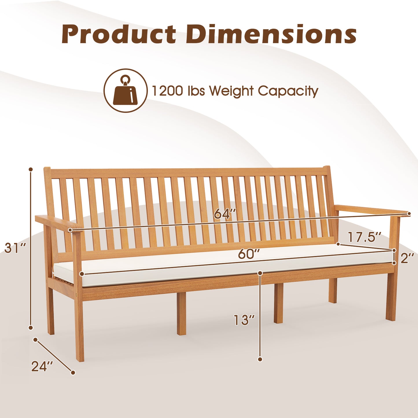 3-Seat Acacia Wood Outdoor Bench with Cushion