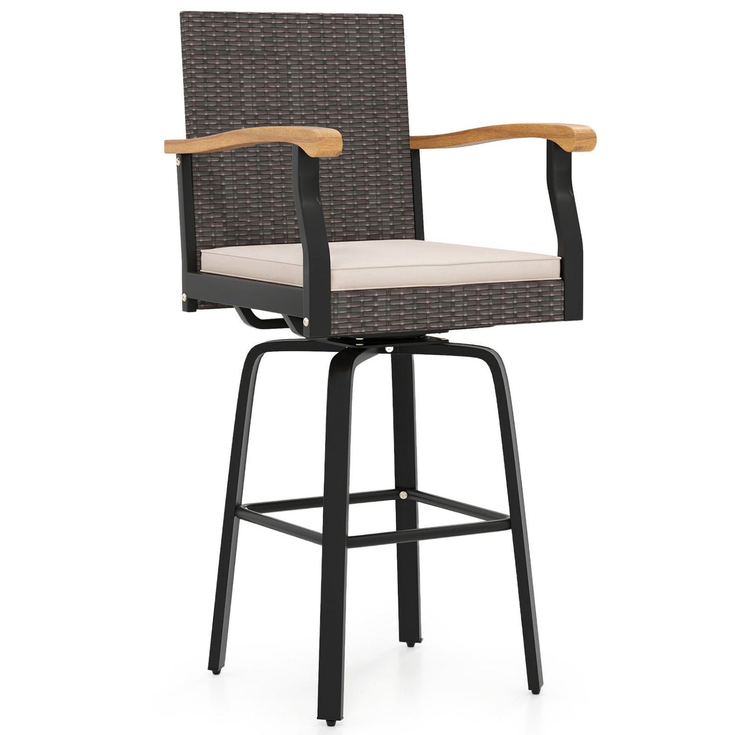 360° Swivel Outdoor Bar Stool with Cushion & Wood Armrests