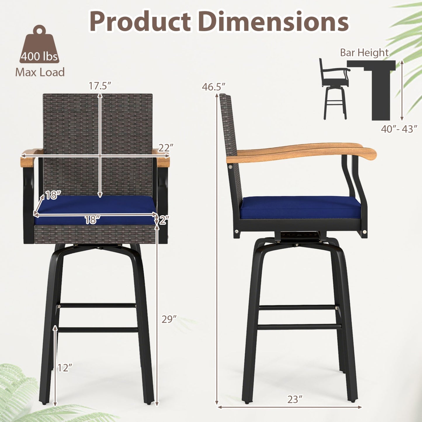 360° Swivel Outdoor Bar Stool with Cushion & Wood Armrests