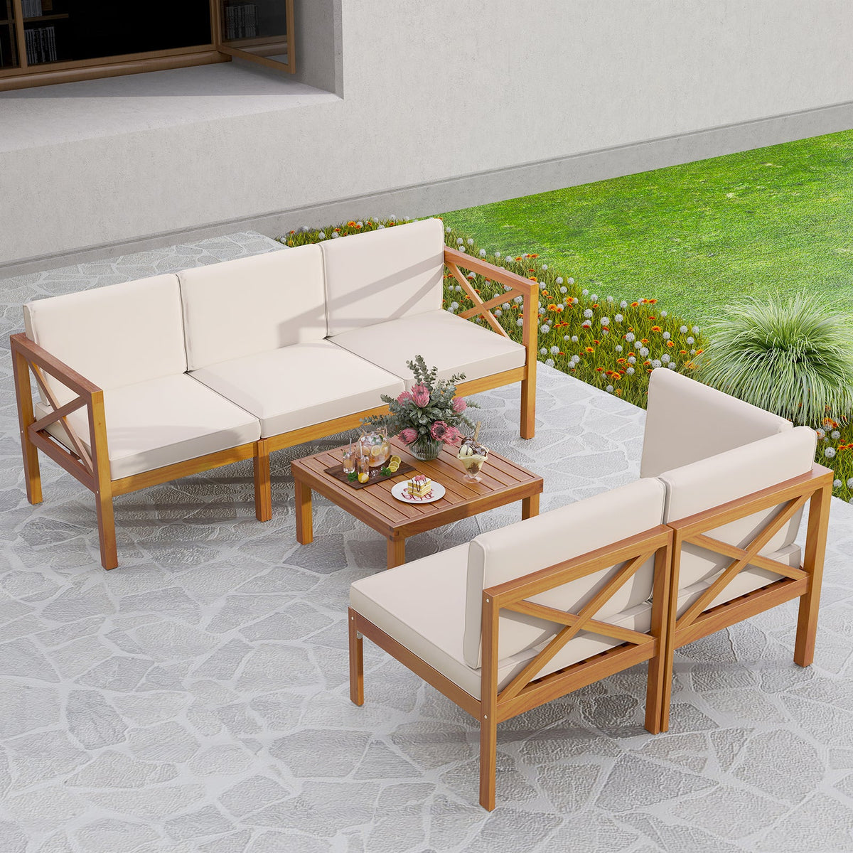 Outdoor 6 Pieces Acacia Wood Patio Sectional Furniture Set-Off White
