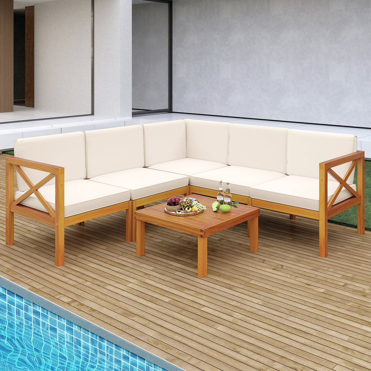 Outdoor 6 Pieces Acacia Wood Patio Sectional Furniture Set-Off White