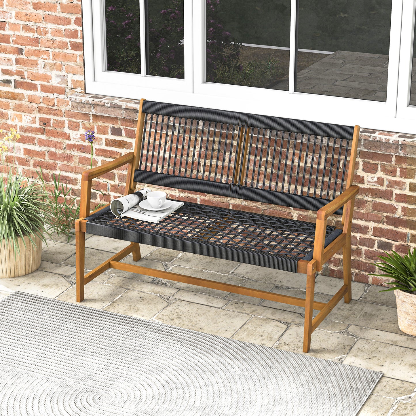 Acacia Wood Outdoor Bench with Rope Woven Backrest, 2-Person
