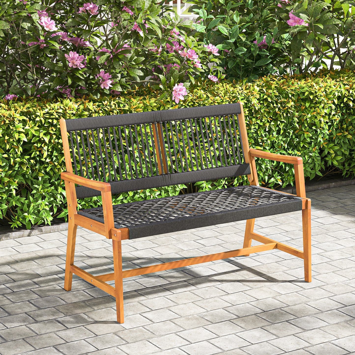 Acacia Wood Outdoor Bench with Rope Woven Backrest, 2-Person