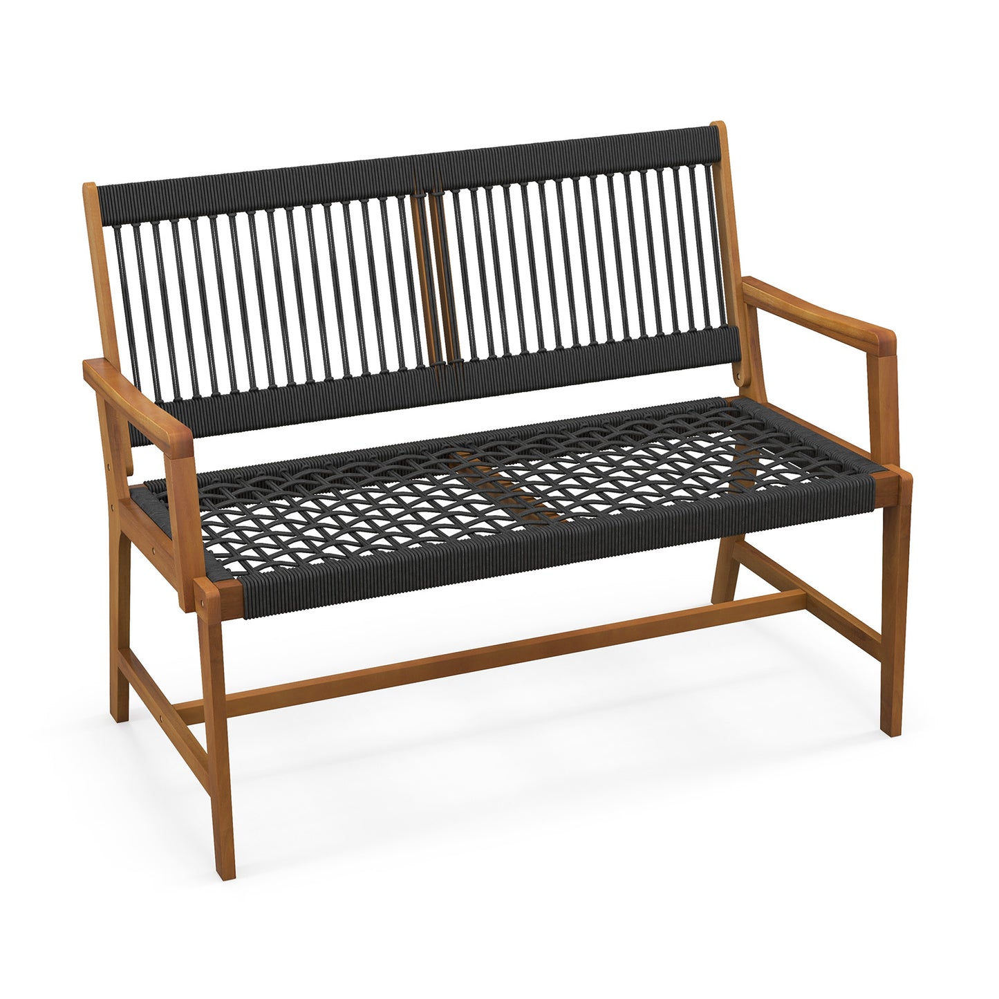 Acacia Wood Outdoor Bench with Rope Woven Backrest, 2-Person
