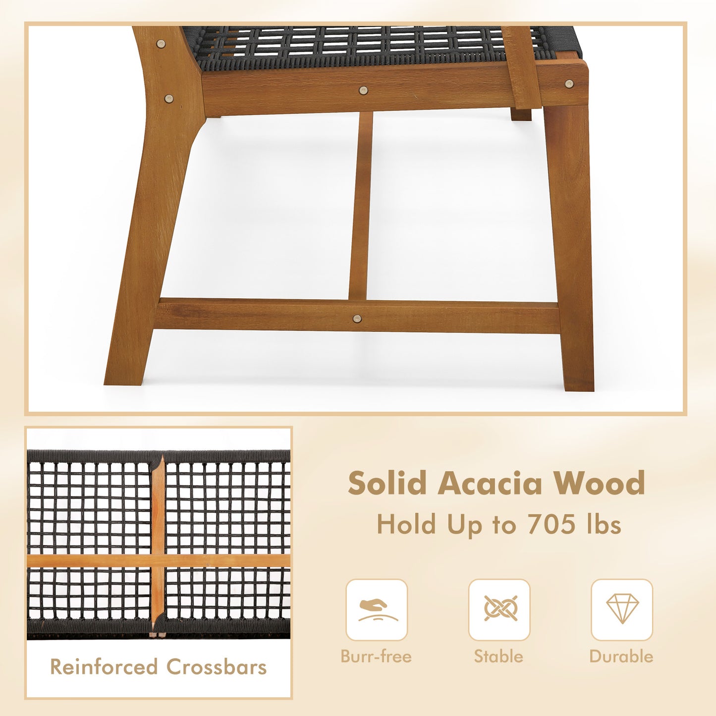 Acacia Wood Outdoor Bench with Rope Woven Backrest, 2-Person