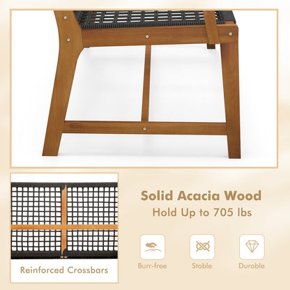 Acacia Wood Outdoor Bench with Rope Woven Backrest, 2-Person