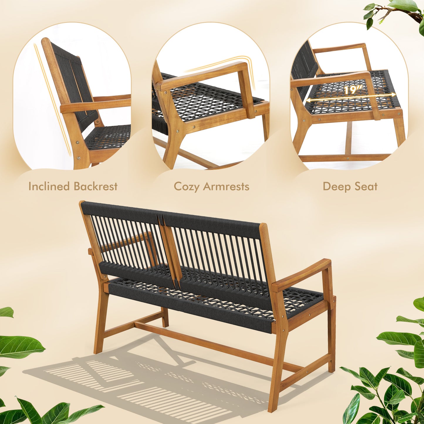 Acacia Wood Outdoor Bench with Rope Woven Backrest, 2-Person