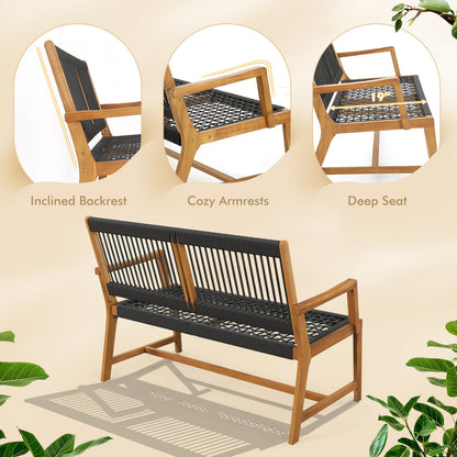 Acacia Wood Outdoor Bench with Rope Woven Backrest, 2-Person