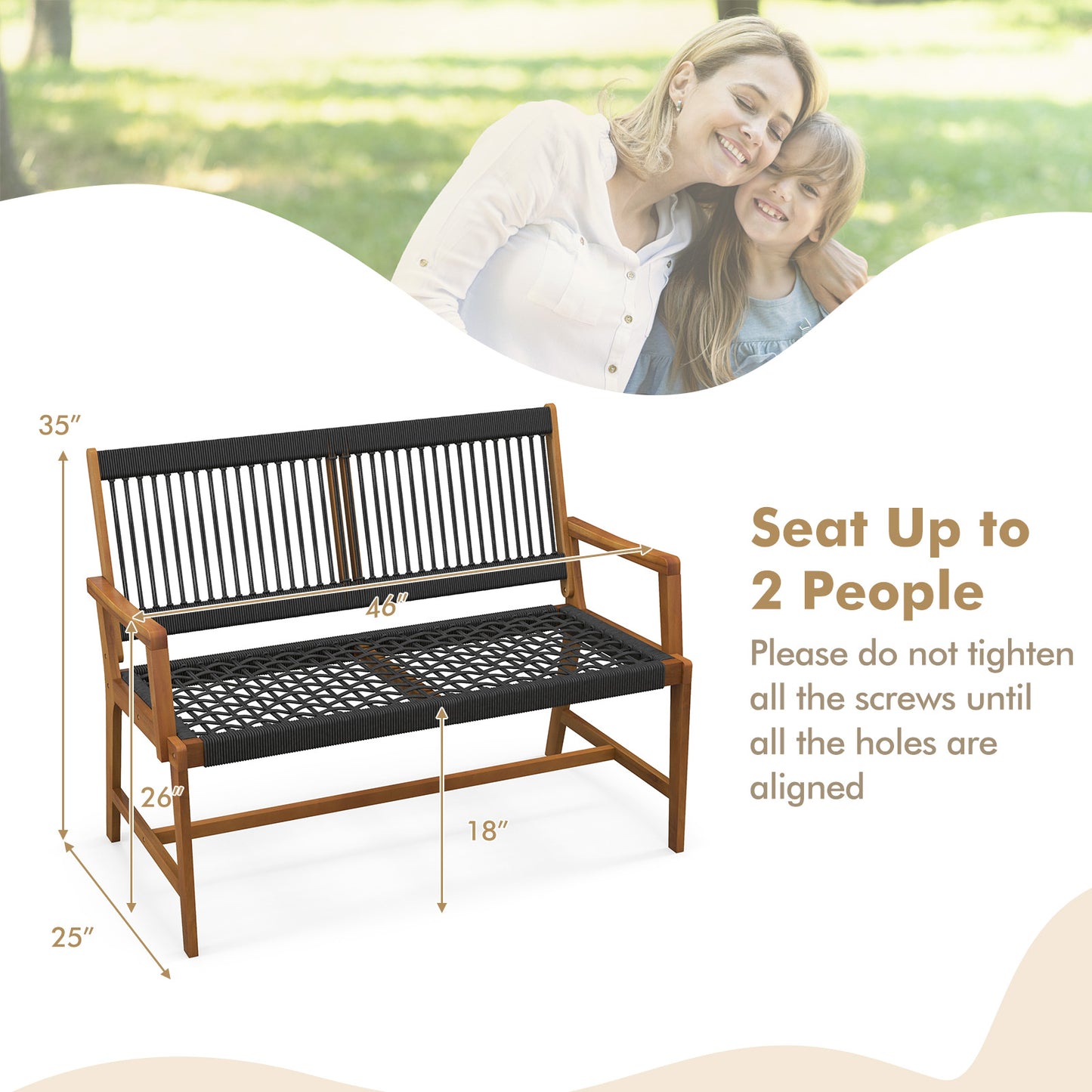 Acacia Wood Outdoor Bench with Rope Woven Backrest, 2-Person