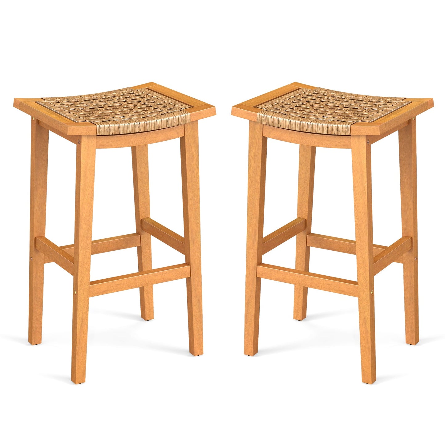 Outdoor Acacia Wood Bar Stools Set of 2 with PE Rattan Seats and Backrests