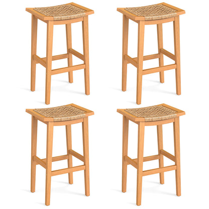 Outdoor Acacia Wood Bar Stools Set of 2 with PE Rattan Seats and Backrests