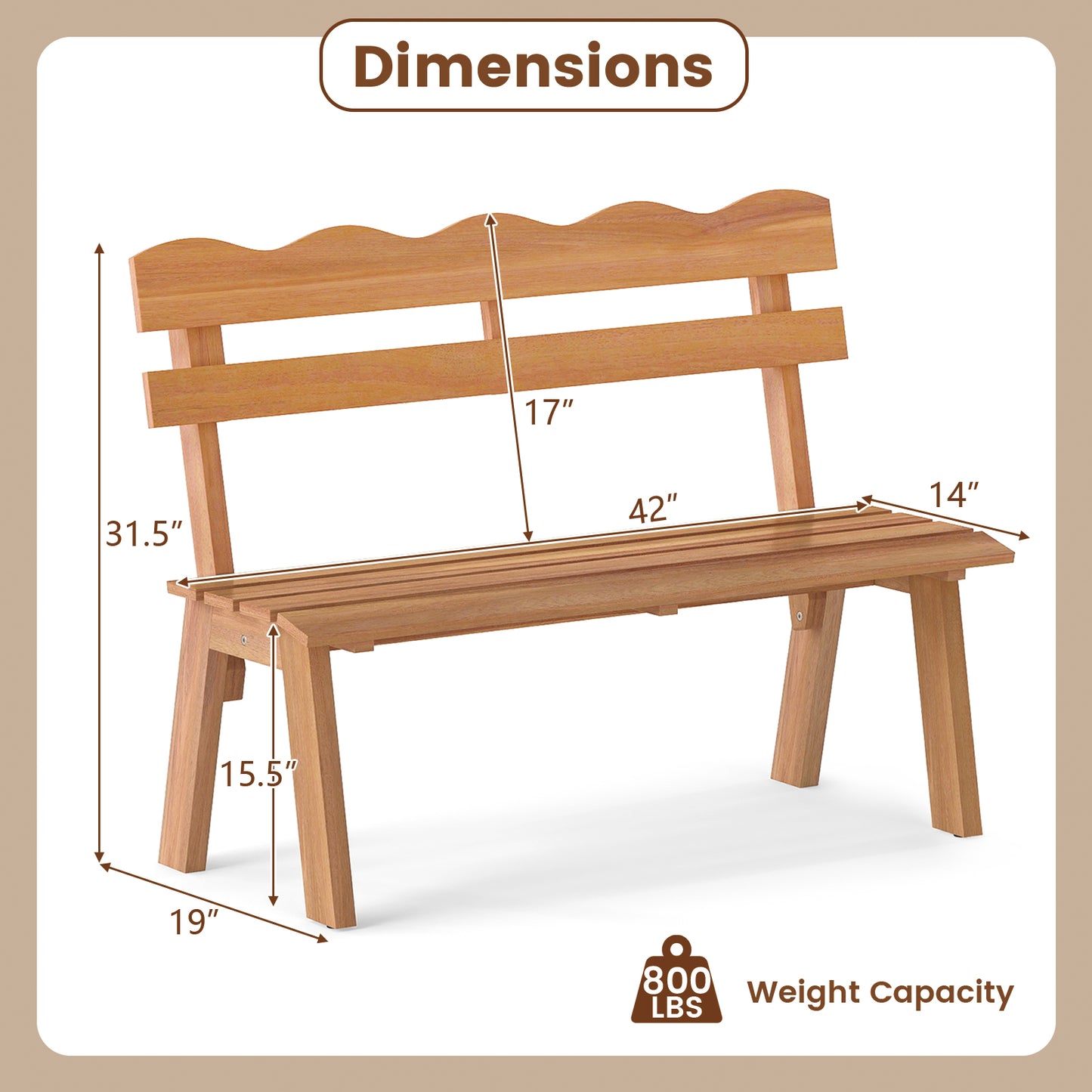 Acacia Wood Garden Bench with 800 lbs Capacity