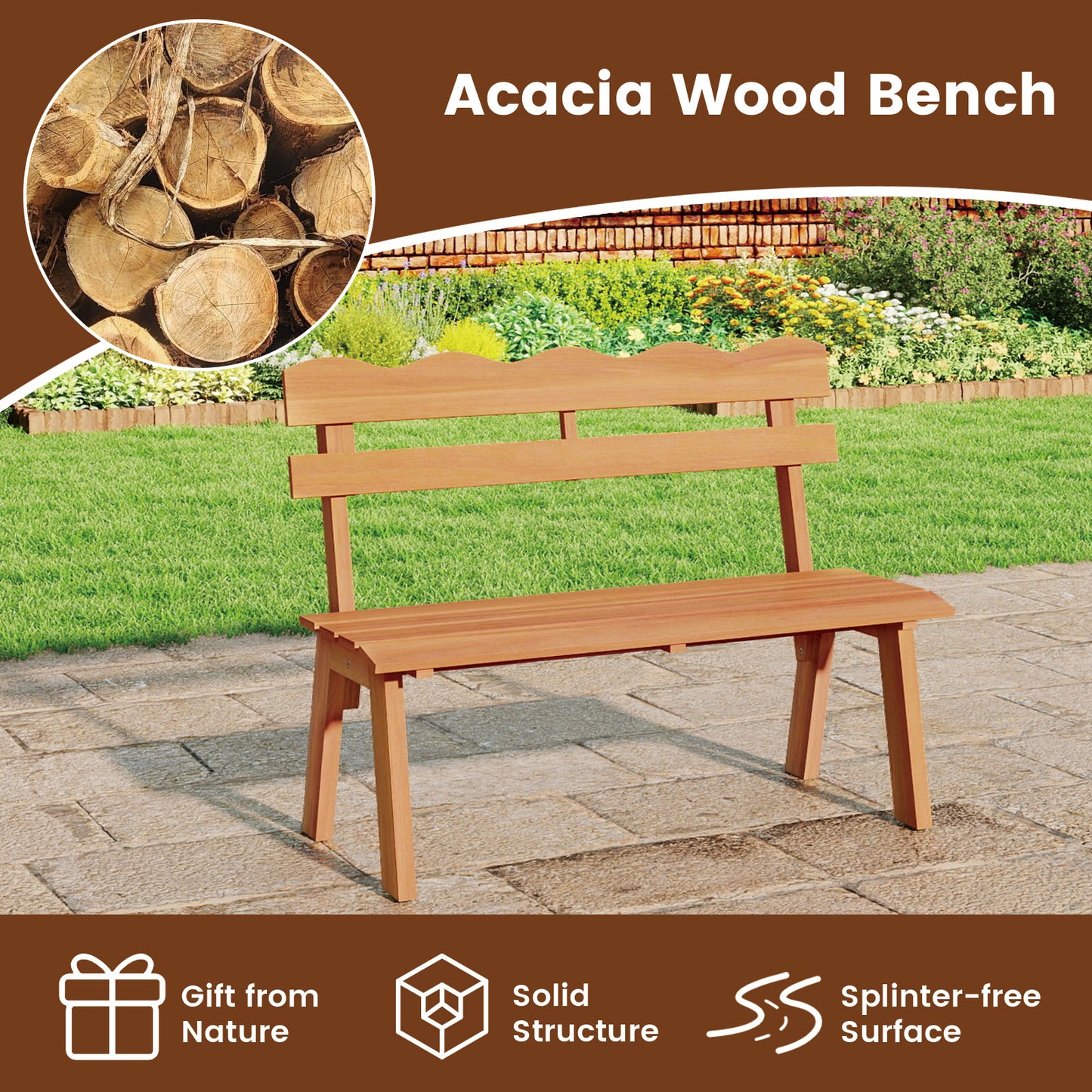 Acacia Wood Garden Bench with 800 lbs Capacity