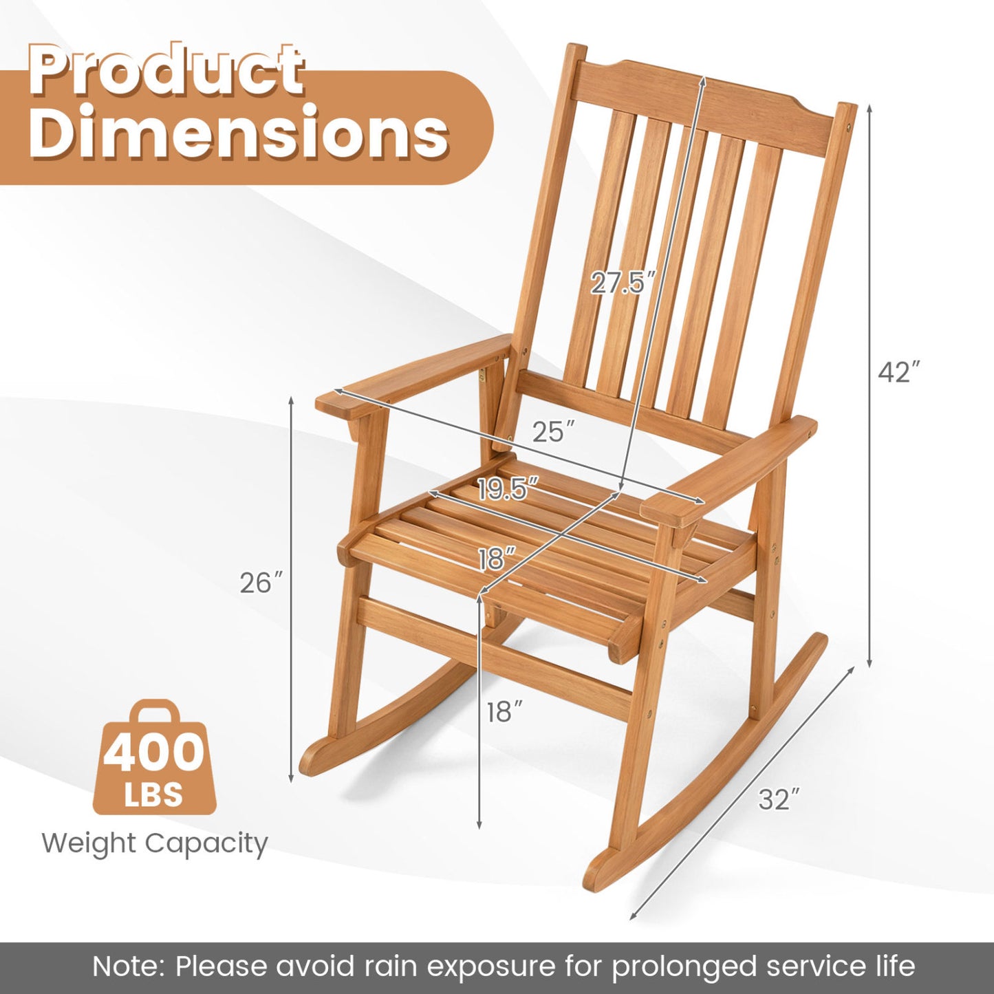 Acacia Wood Rocking Chair with High Back for Patio