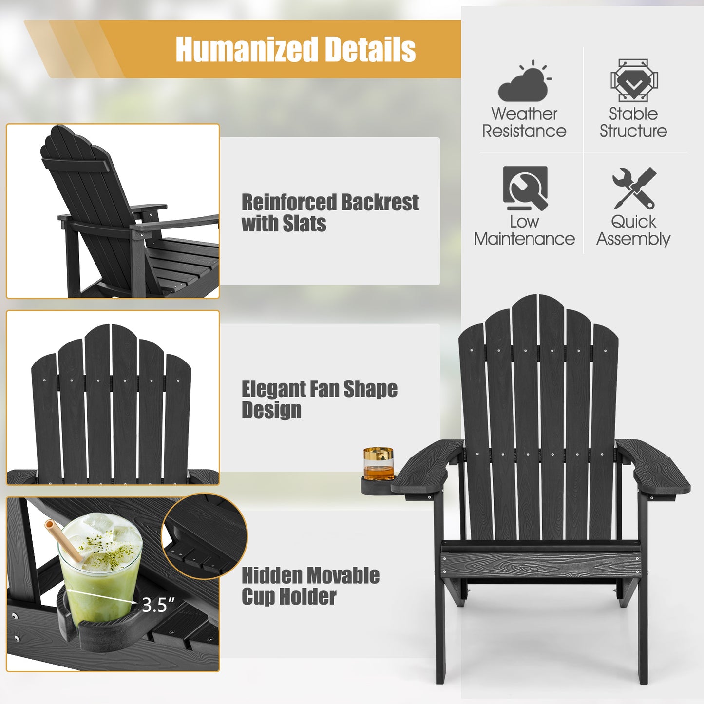 Adirondack Chair with Cup Holder - Weather Resistant HIPS