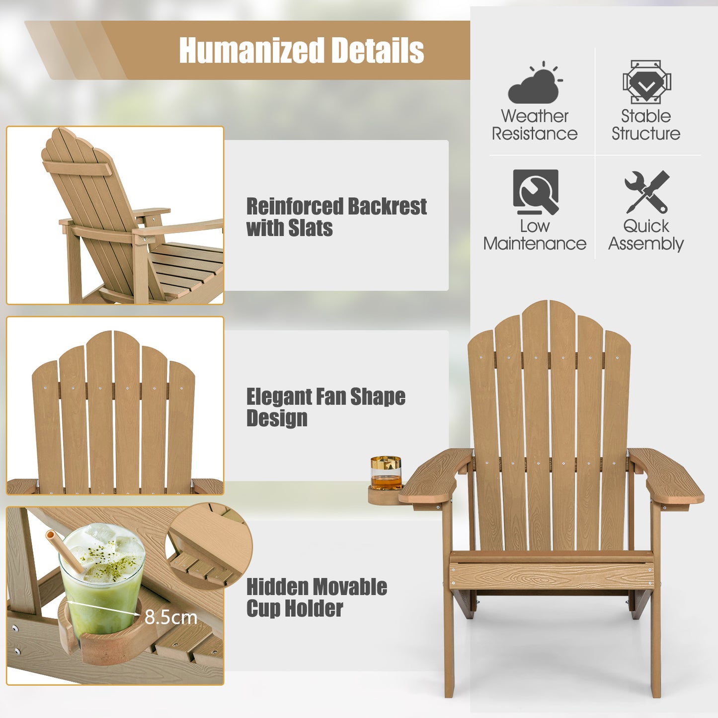 Adirondack Chair with Cup Holder - Weather Resistant HIPS