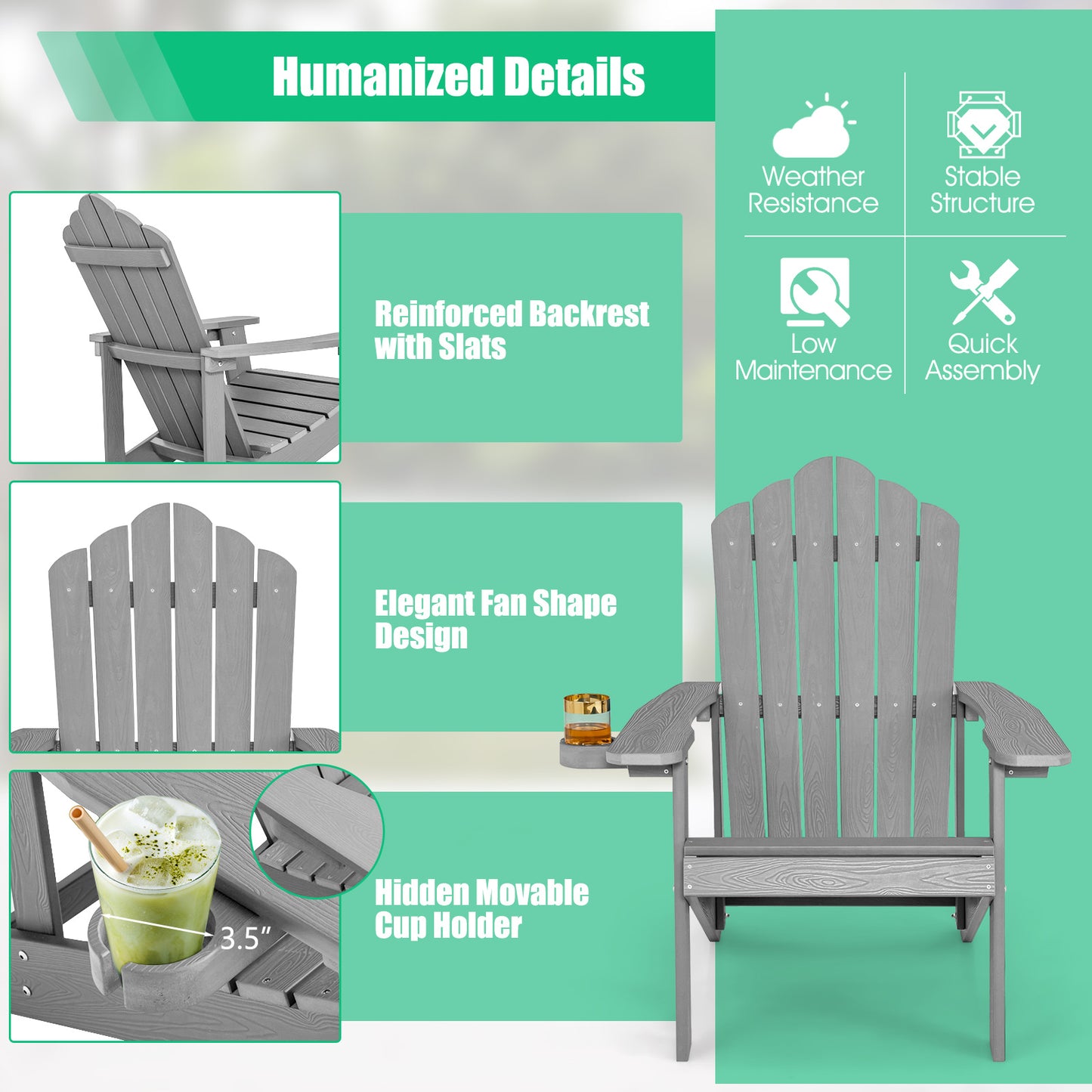 Adirondack Chair with Cup Holder - Weather Resistant HIPS