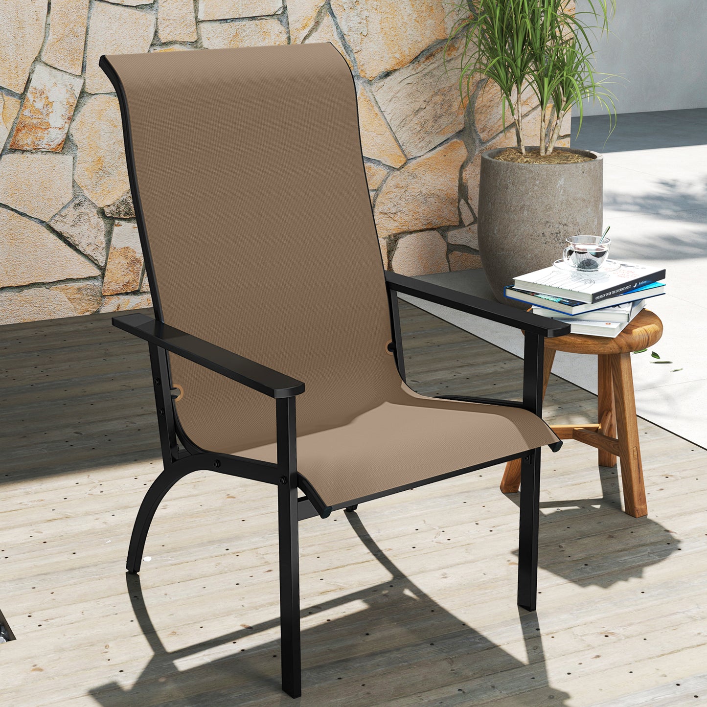 Adirondack Chair with High Back and Metal Frame - Coffee