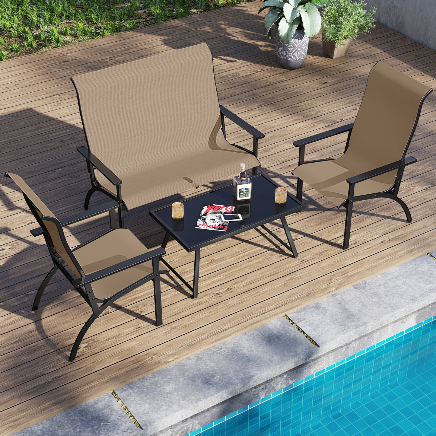 Adirondack Chair with High Back and Metal Frame - Coffee