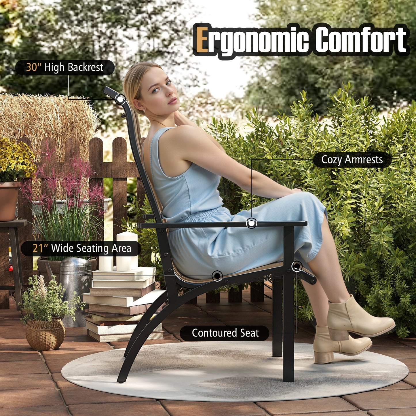 Adirondack Chair with High Back and Metal Frame - Coffee