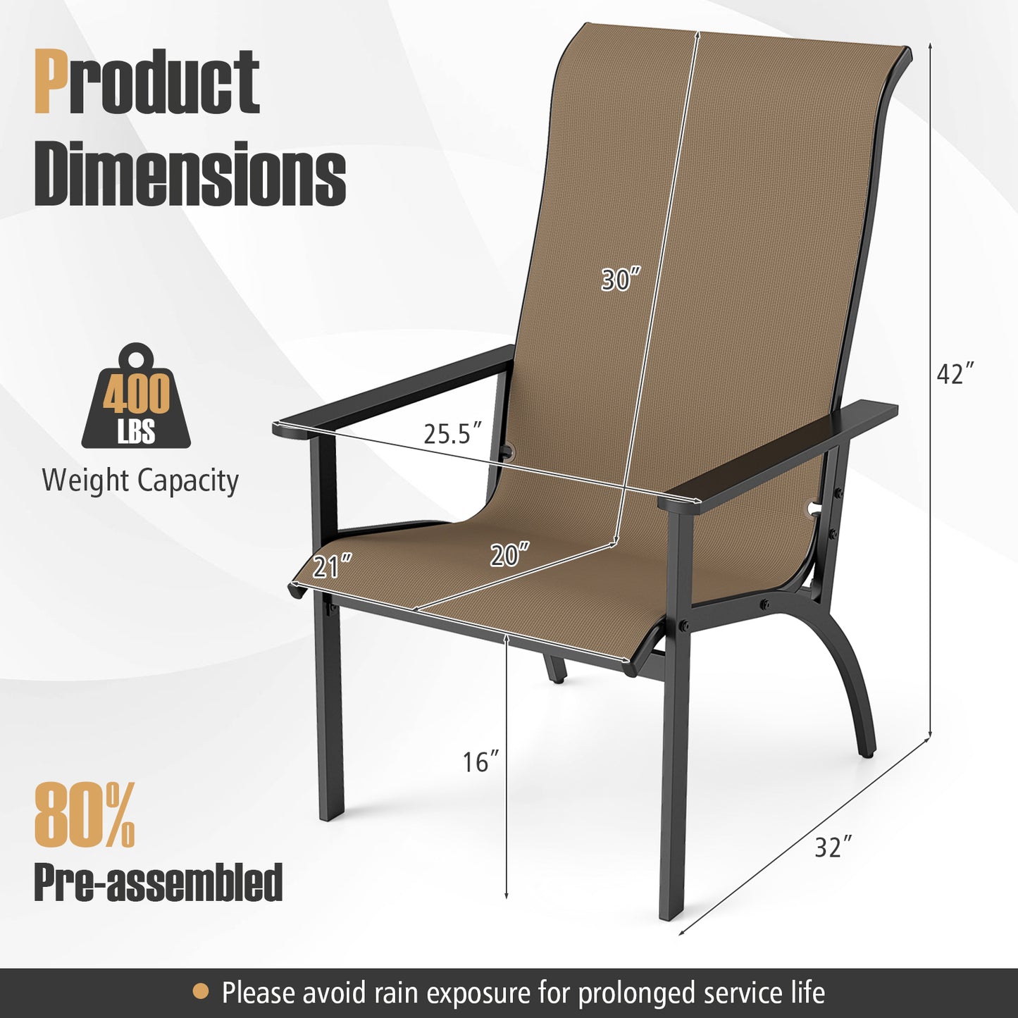 Adirondack Chair with High Back and Metal Frame - Coffee