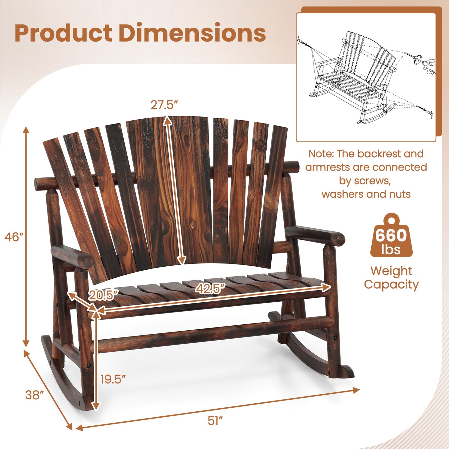 Adirondack Rocking Chair with High Back - Brown