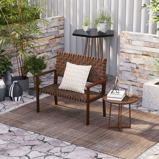 Outdoor Bench with Hand-Woven PU Leather and Rubber Wood Frame