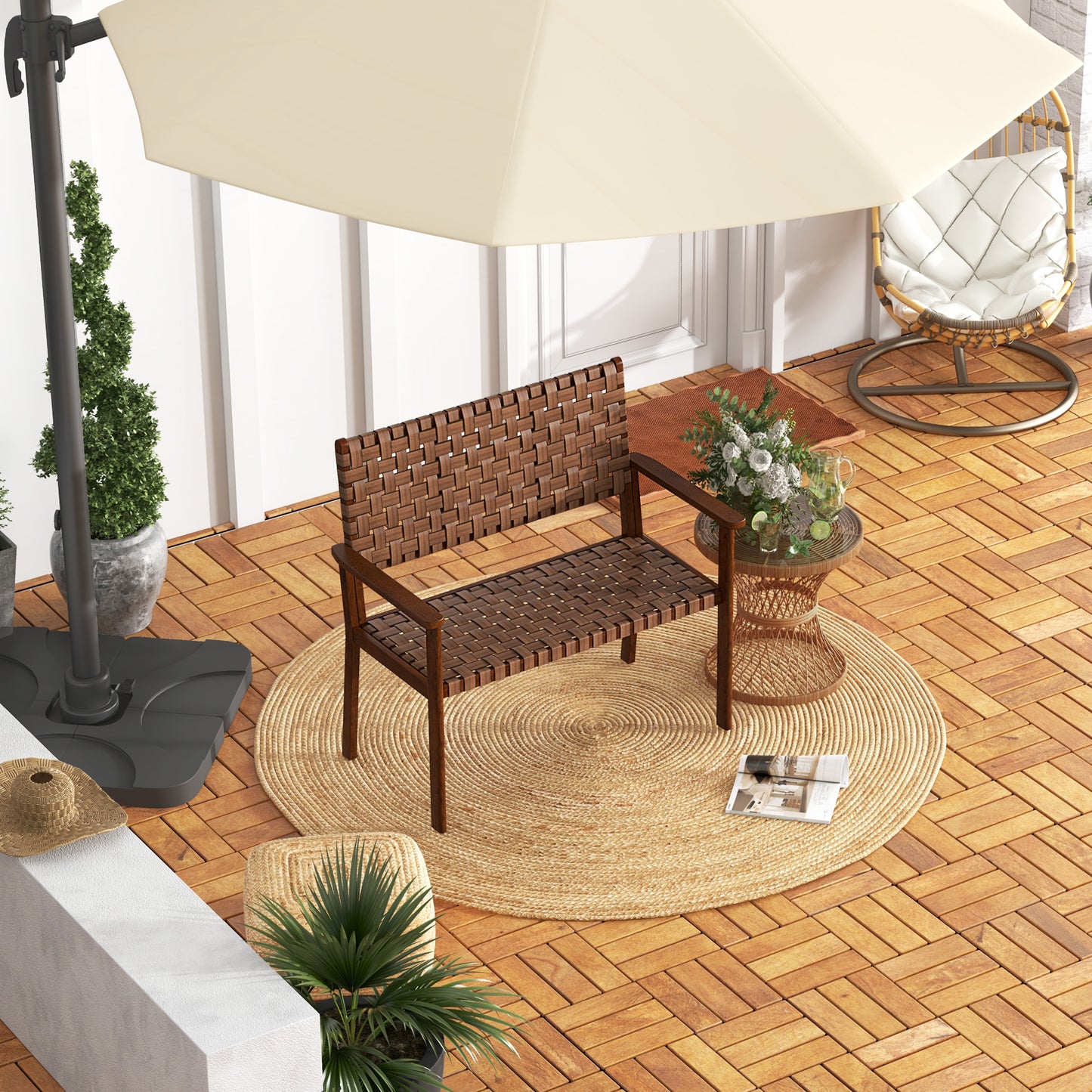 Outdoor Bench with Hand-Woven PU Leather and Rubber Wood Frame
