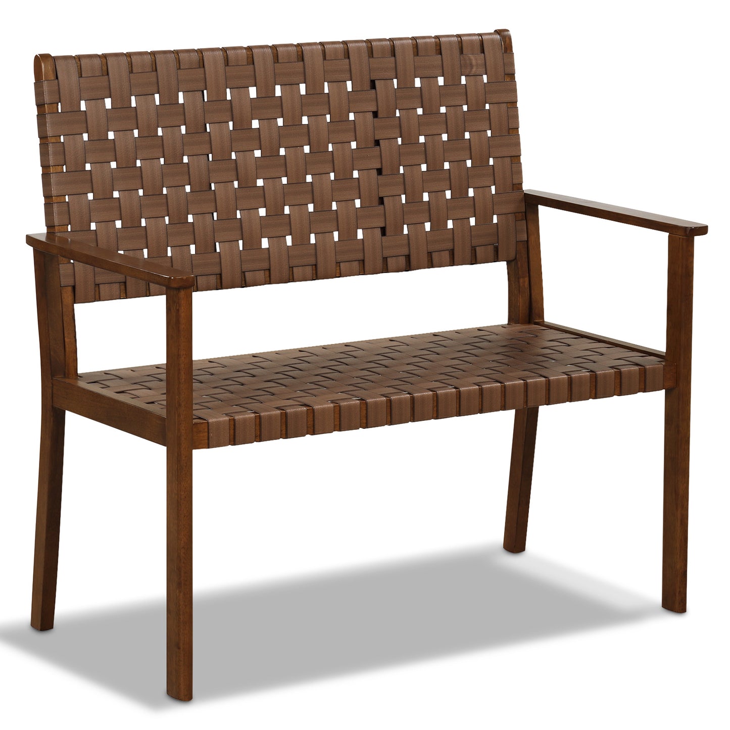 Outdoor Bench with Hand-Woven PU Leather and Rubber Wood Frame