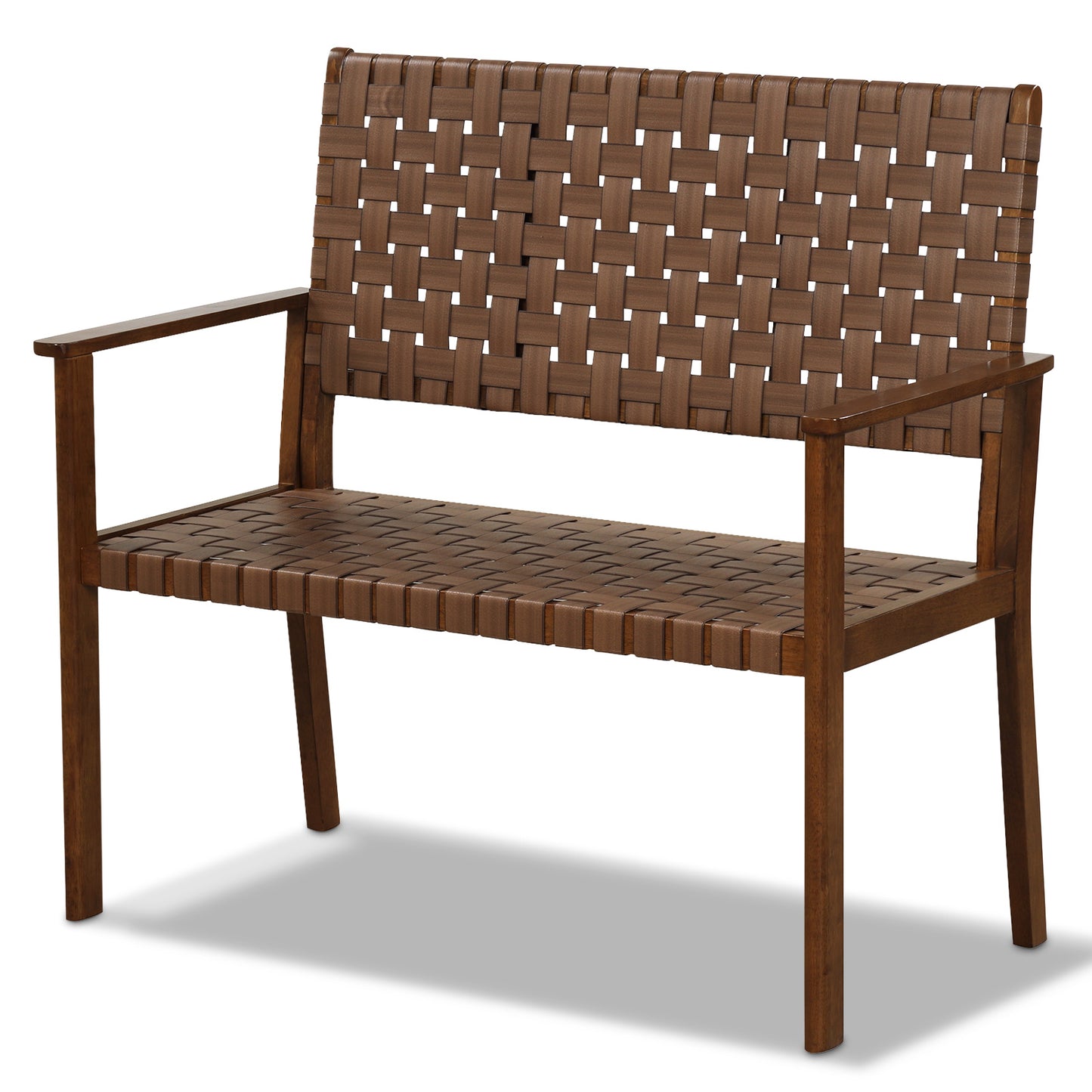 Outdoor Bench with Hand-Woven PU Leather and Rubber Wood Frame