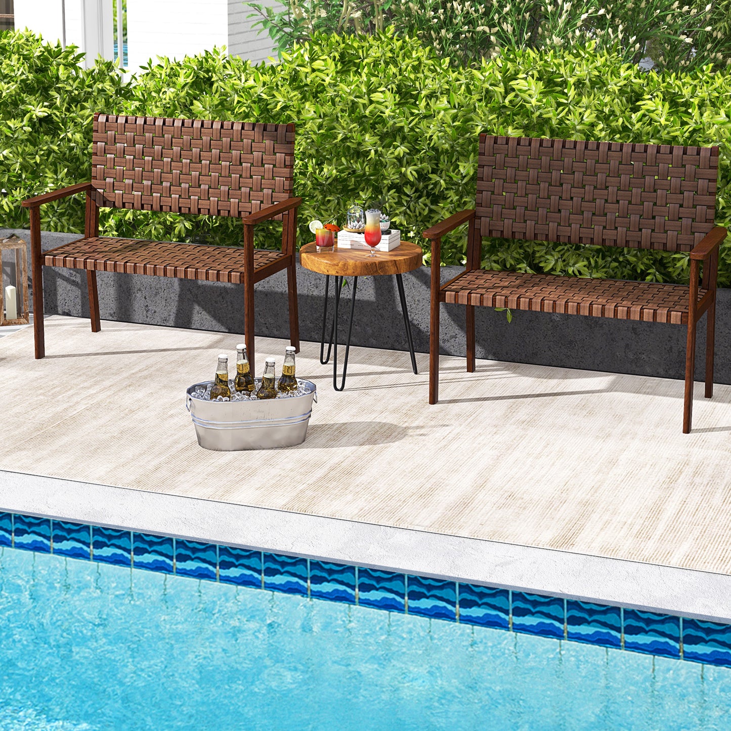 Outdoor Bench with Hand-Woven PU Leather and Rubber Wood Frame