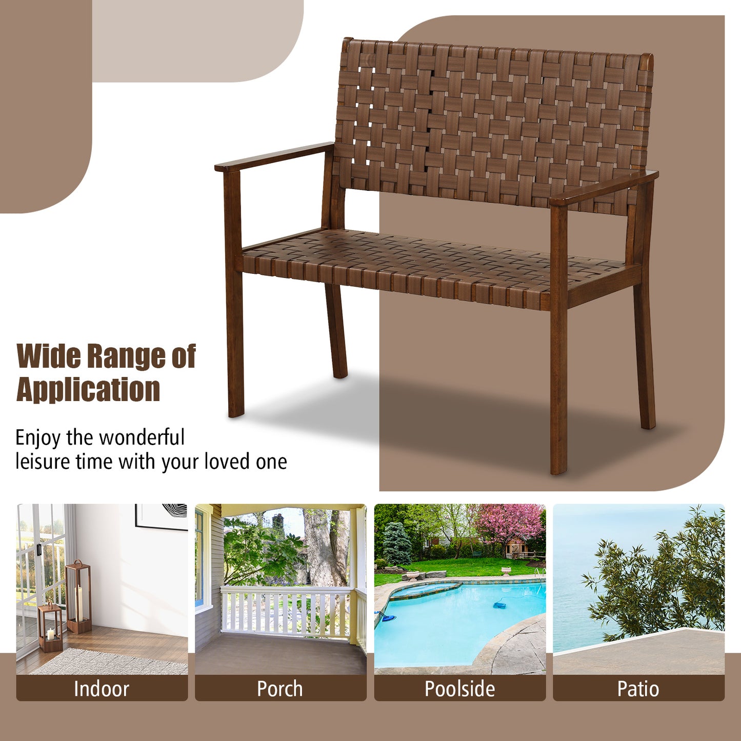 Outdoor Bench with Hand-Woven PU Leather and Rubber Wood Frame