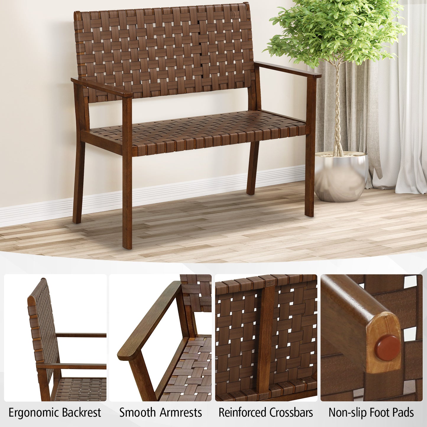 Outdoor Bench with Hand-Woven PU Leather and Rubber Wood Frame