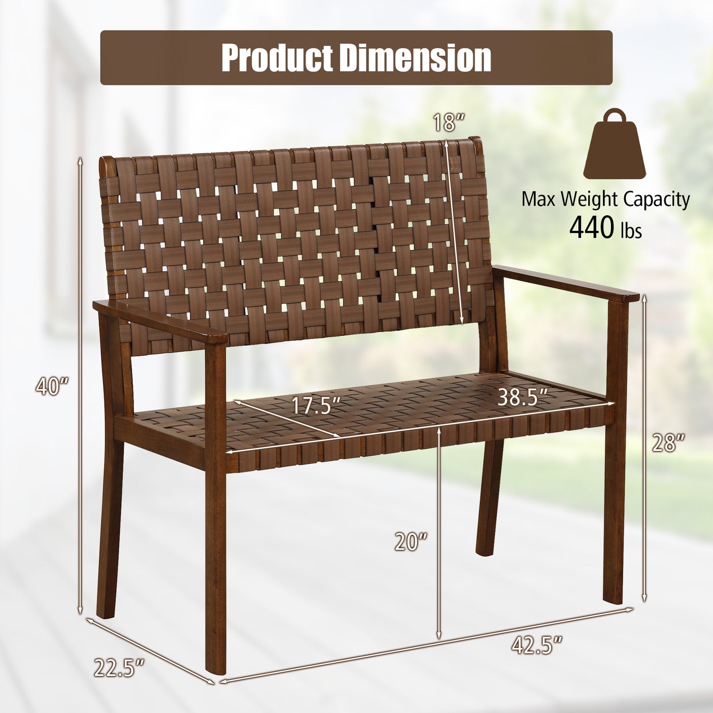 Outdoor Bench with Hand-Woven PU Leather and Rubber Wood Frame