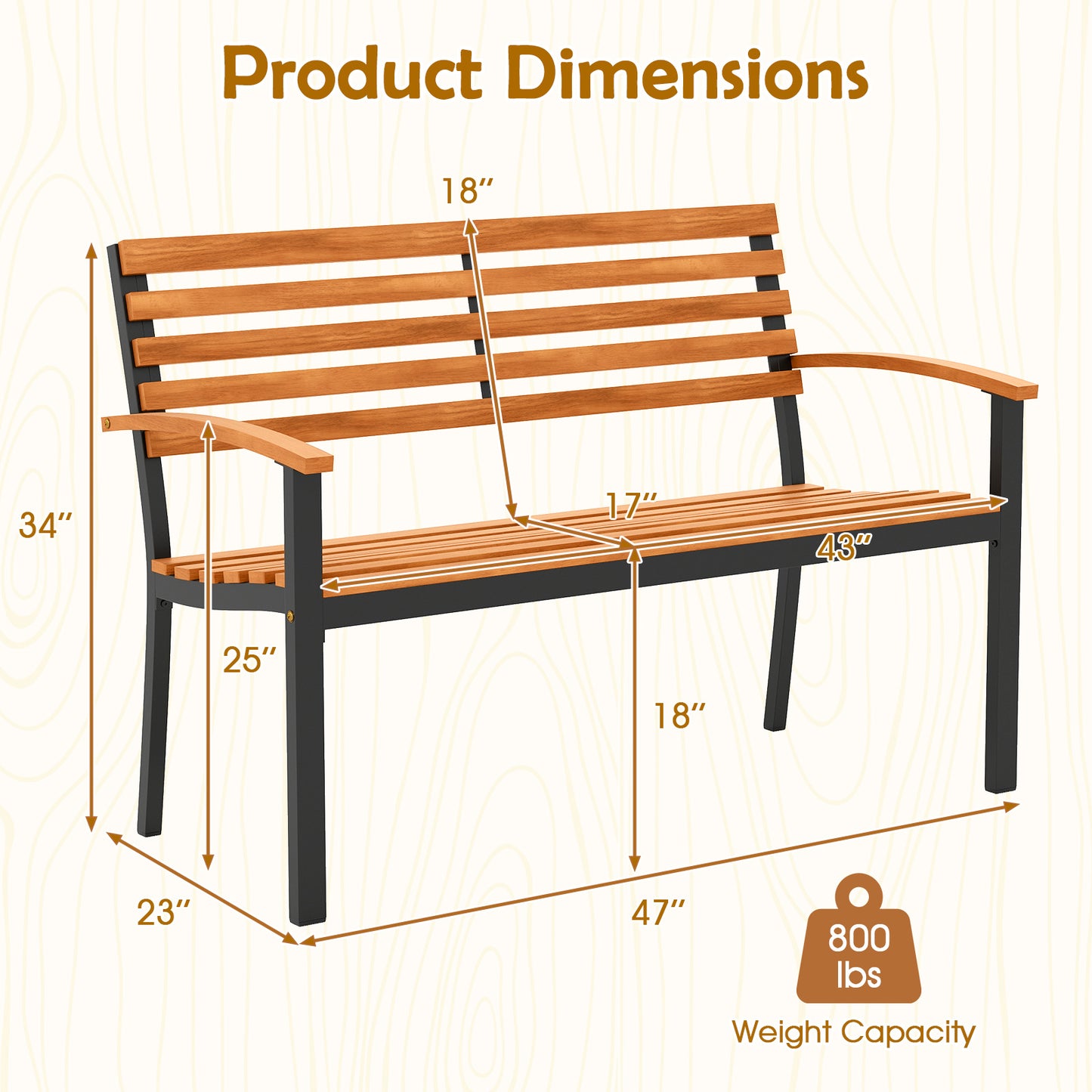 Acacia Wood Outdoor Bench with Backrest and Armrests