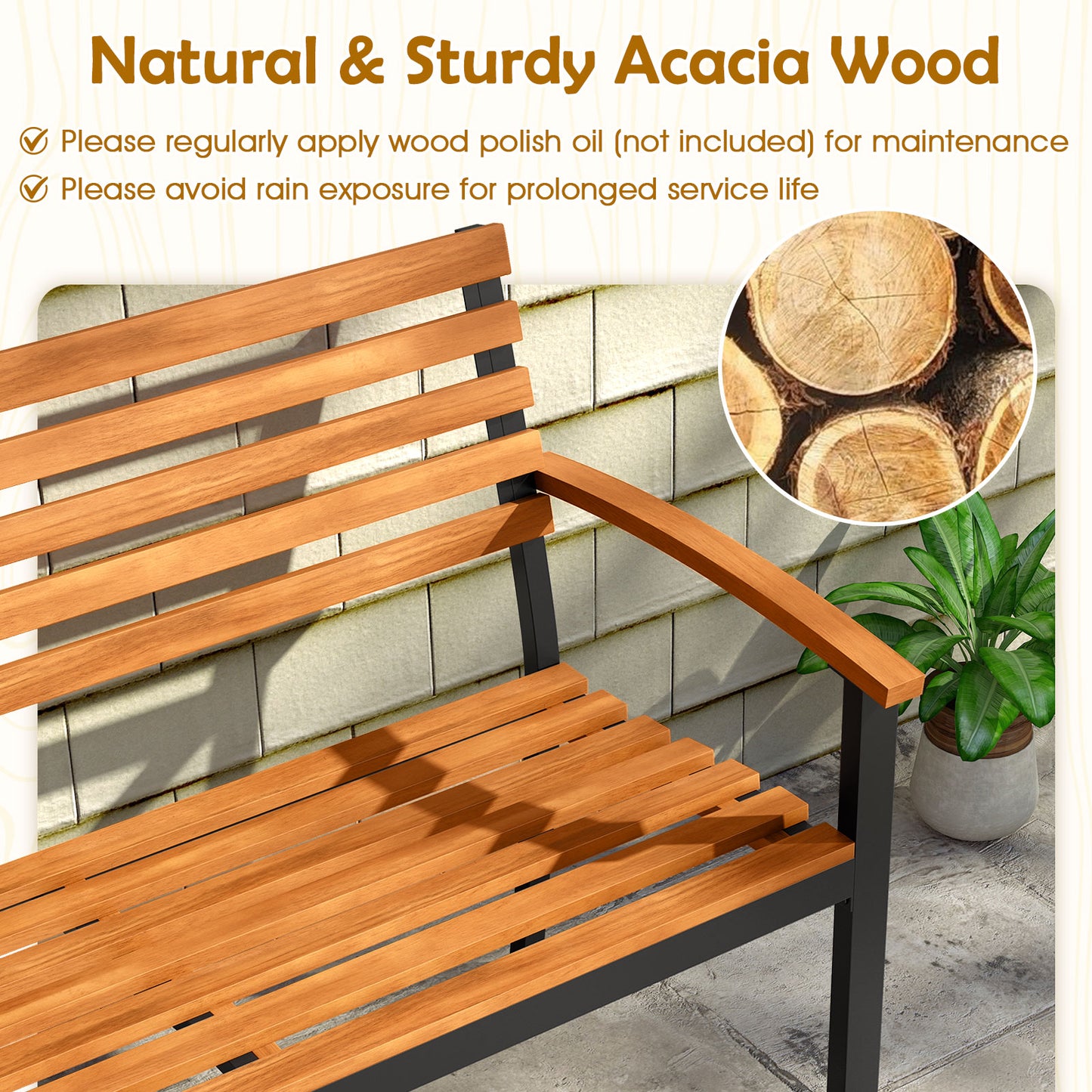 Acacia Wood Outdoor Bench with Backrest and Armrests