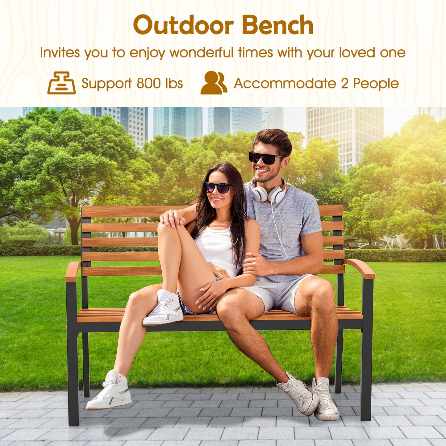 Acacia Wood Outdoor Bench with Backrest and Armrests