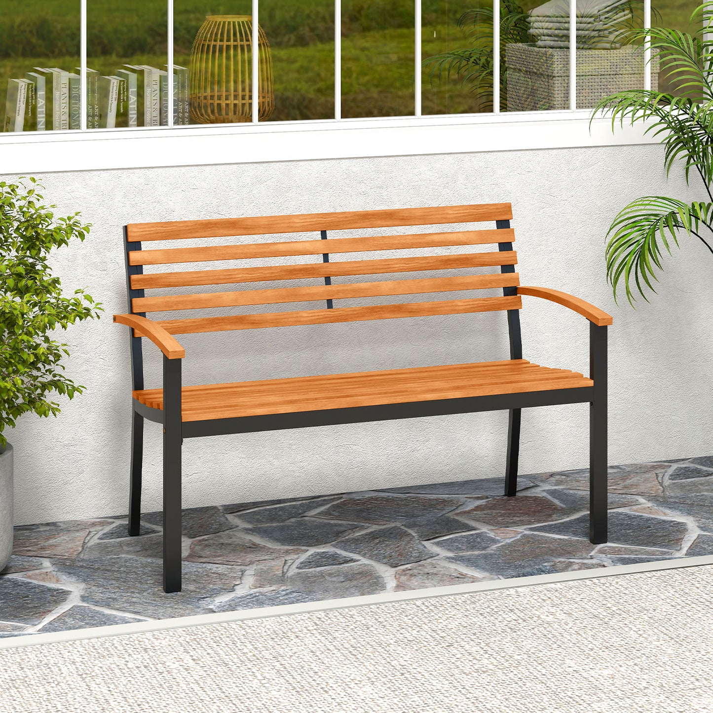 Acacia Wood Outdoor Bench with Backrest and Armrests