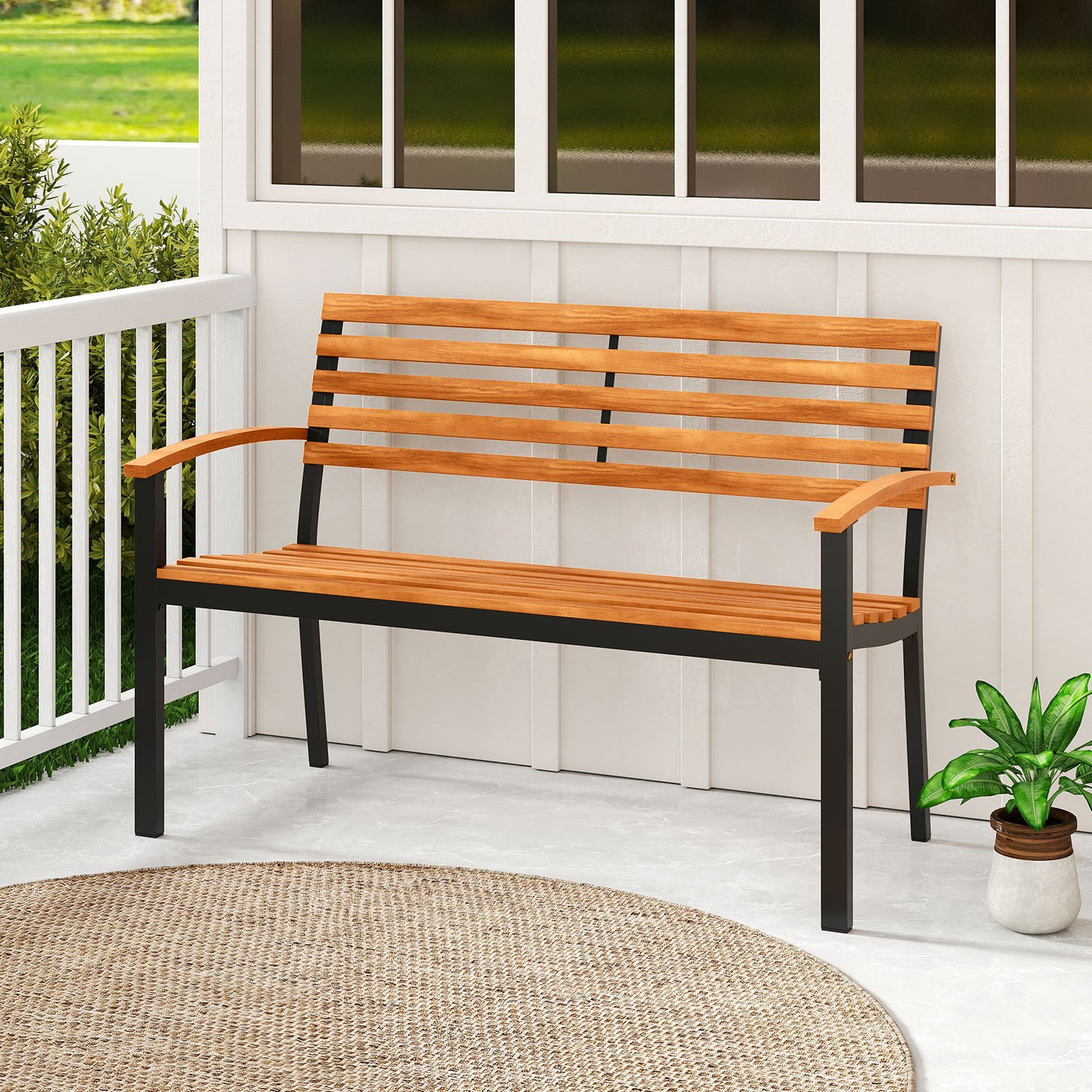 Acacia Wood Outdoor Bench with Backrest and Armrests