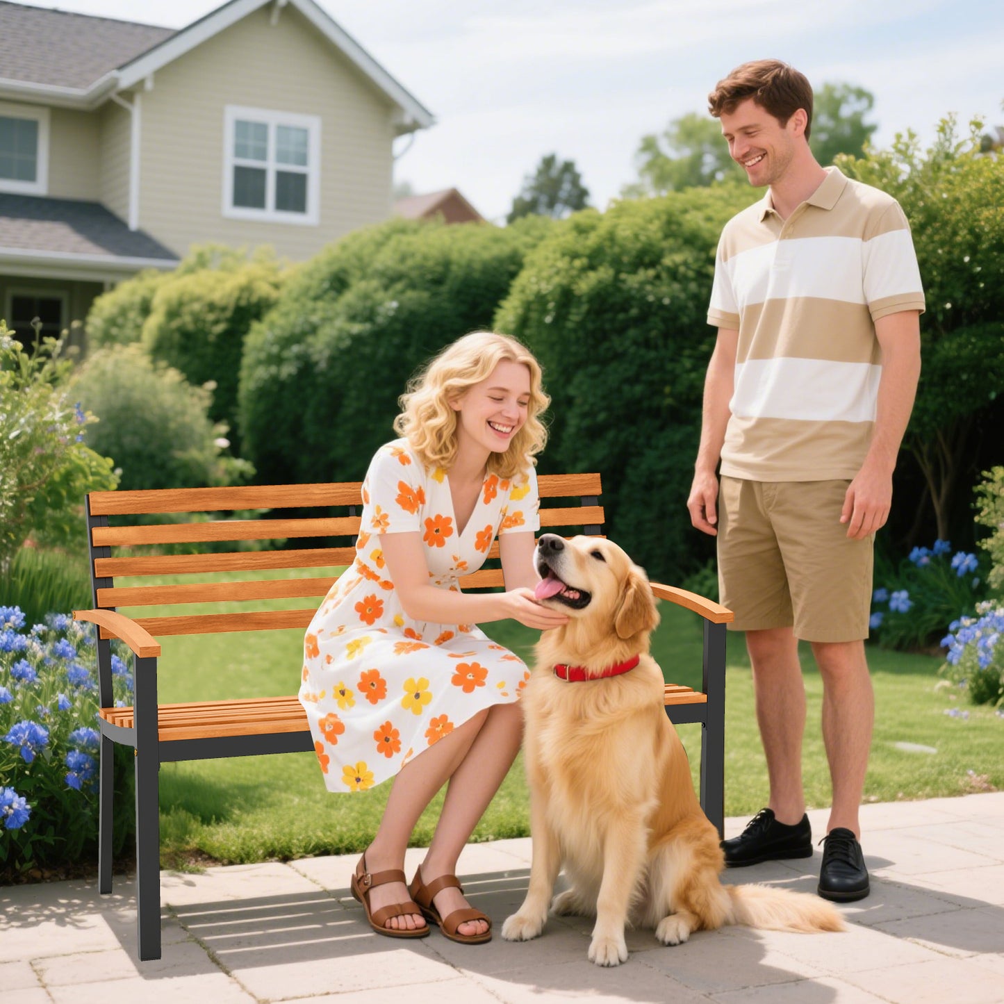 Acacia Wood Outdoor Bench with Backrest and Armrests